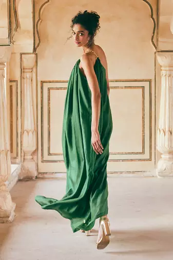 Emerald green habutai silk one-shoulder maxi dress