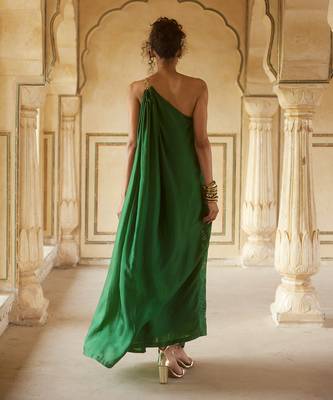 Emerald green habutai silk one-shoulder maxi dress 5