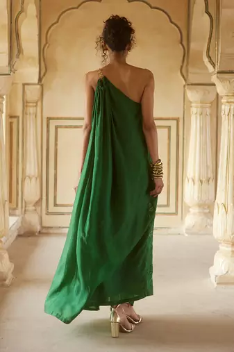 Emerald green habutai silk one-shoulder maxi dress