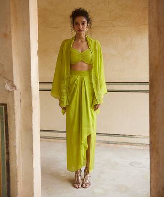 Lemon Green Floral Embroidered Cape Skirt Set 1