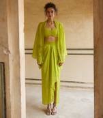 Lemon Green Floral Embroidered Cape Skirt Set