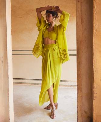 Lemon Green Floral Embroidered Cape Skirt Set 2