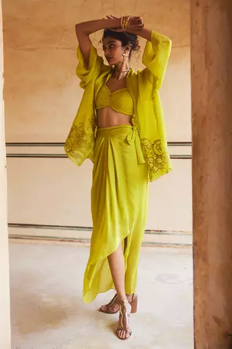 Lemon Green Floral Embroidered Cape Skirt Set