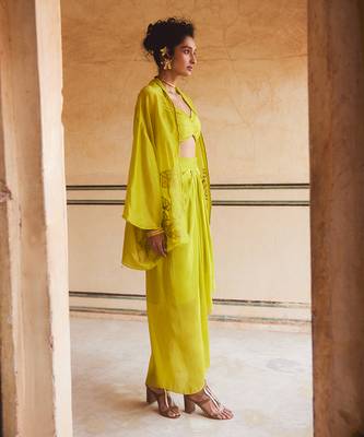 Lemon Green Floral Embroidered Cape Skirt Set 3