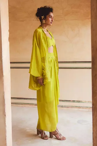 Lemon Green Floral Embroidered Cape Skirt Set