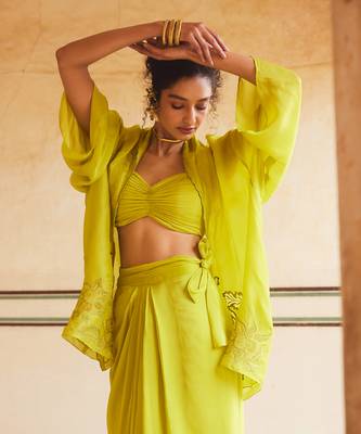 Lemon Green Floral Embroidered Cape Skirt Set 4