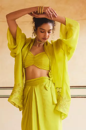 Lemon Green Floral Embroidered Cape Skirt Set