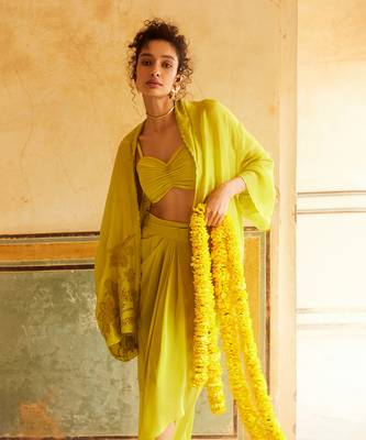 Lemon Green Floral Embroidered Cape Skirt Set 5