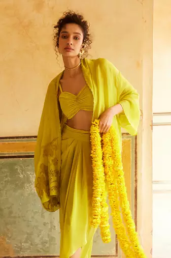 Lemon Green Floral Embroidered Cape Skirt Set