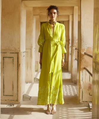 Yellow silk organza embroidery floral flower vintage maxi dress 1