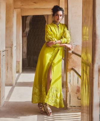 Yellow silk organza embroidery floral flower vintage maxi dress 2