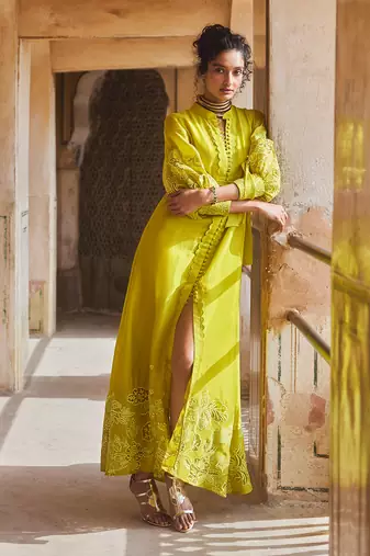 Yellow silk organza embroidery floral flower vintage maxi dress