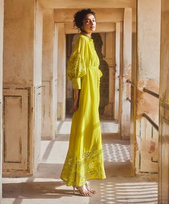 Yellow silk organza embroidery floral flower vintage maxi dress 3