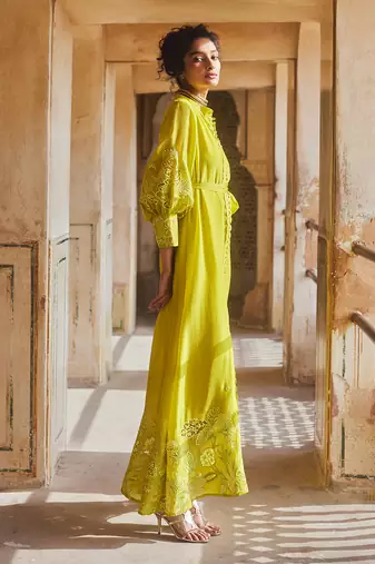 Yellow silk organza embroidery floral flower vintage maxi dress