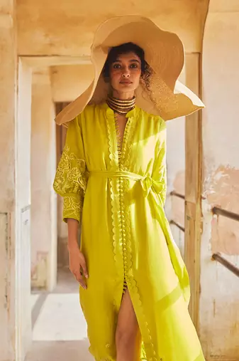Yellow silk organza embroidery floral flower vintage maxi dress