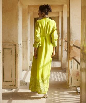 Yellow silk organza embroidery floral flower vintage maxi dress 5