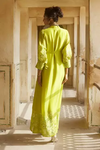 Yellow silk organza embroidery floral flower vintage maxi dress