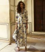 Ivory habutai print vintage floral v collar top and trouser set