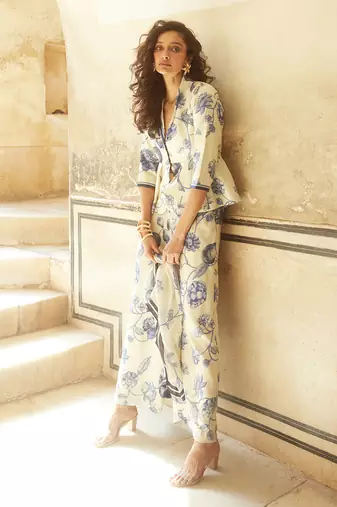Ivory habutai print vintage floral v collar top and trouser set