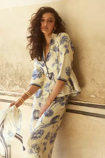 Ivory habutai print vintage floral v collar top and trouser set