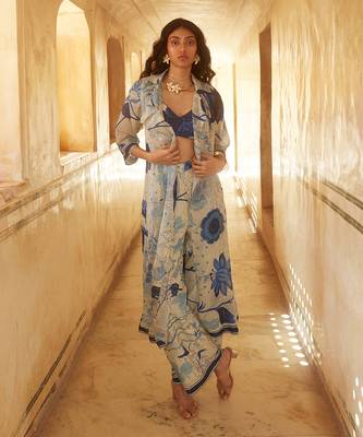 Ivory and blue floral printed jacket set 1