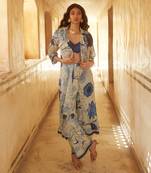 Ivory and blue floral printed jacket set