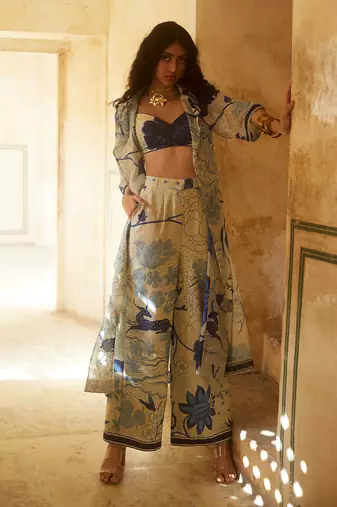 Ivory and blue floral printed jacket set