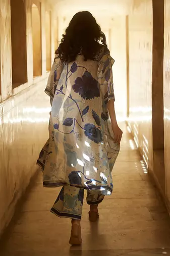 Ivory and blue floral printed jacket set