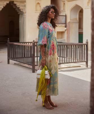 Ivory habutai printed floral pearl embroidered dress 2