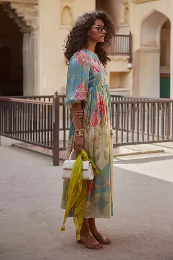 Ivory habutai printed floral pearl embroidered dress