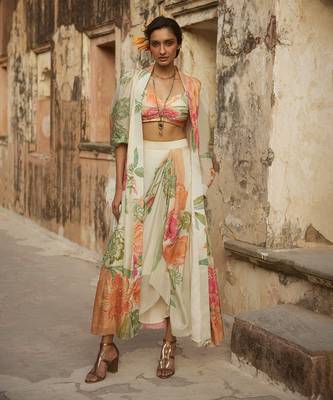 Ivory and multicoloured pastel floral printed jacket set 1