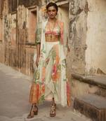 Ivory and multicoloured pastel floral printed jacket set