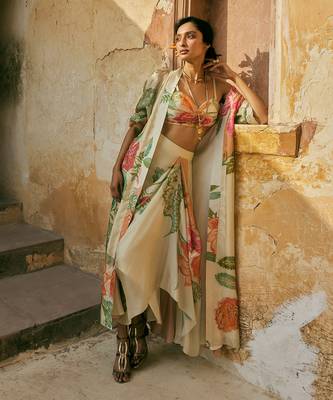 Ivory and multicoloured pastel floral printed jacket set 2
