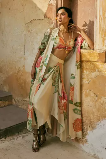 Ivory and multicoloured pastel floral printed jacket set