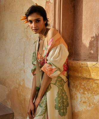 Ivory and multicoloured pastel floral printed jacket set 3