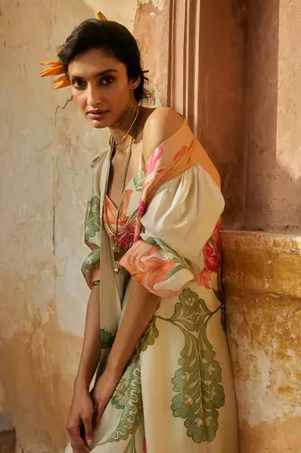 Ivory and multicoloured pastel floral printed jacket set