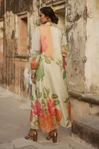 Ivory and multicoloured pastel floral printed jacket set