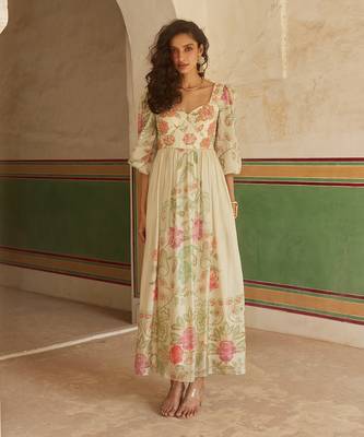 Ivory habutai printed floral sweetheart maxi dress 1