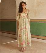 Ivory habutai printed floral sweetheart maxi dress