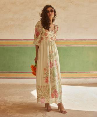 Ivory habutai printed floral sweetheart maxi dress 2