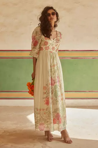 Ivory habutai printed floral sweetheart maxi dress