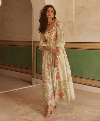 Ivory habutai printed floral sweetheart maxi dress 3