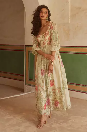 Ivory habutai printed floral sweetheart maxi dress