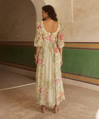 Ivory habutai printed floral sweetheart maxi dress 4