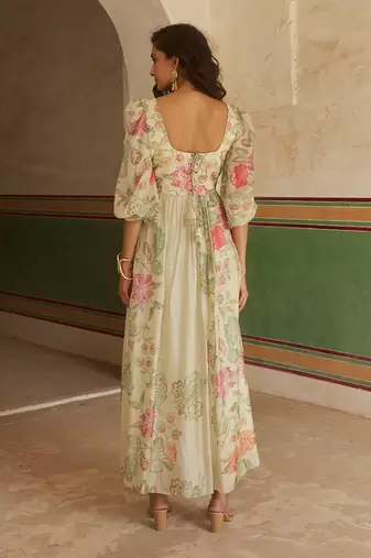 Ivory habutai printed floral sweetheart maxi dress