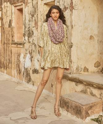 Ivory deer printed silk short dress 1