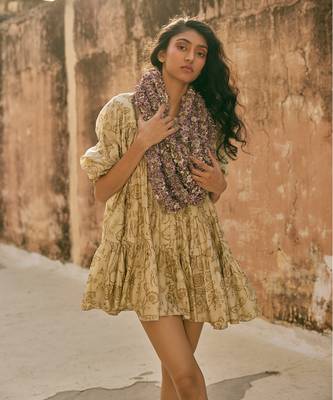 Ivory deer printed silk short dress 3