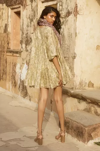 Ivory deer printed silk short dress