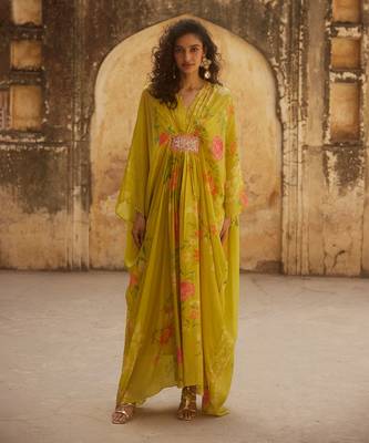 Yellow habutai printed floral inner with kaftan 1