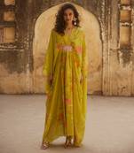 Yellow habutai printed floral inner with kaftan